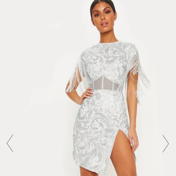 PrettyLittleThing Dresses & Skirts - Silver glitter mesh tassel PrettyLittleThing dress
